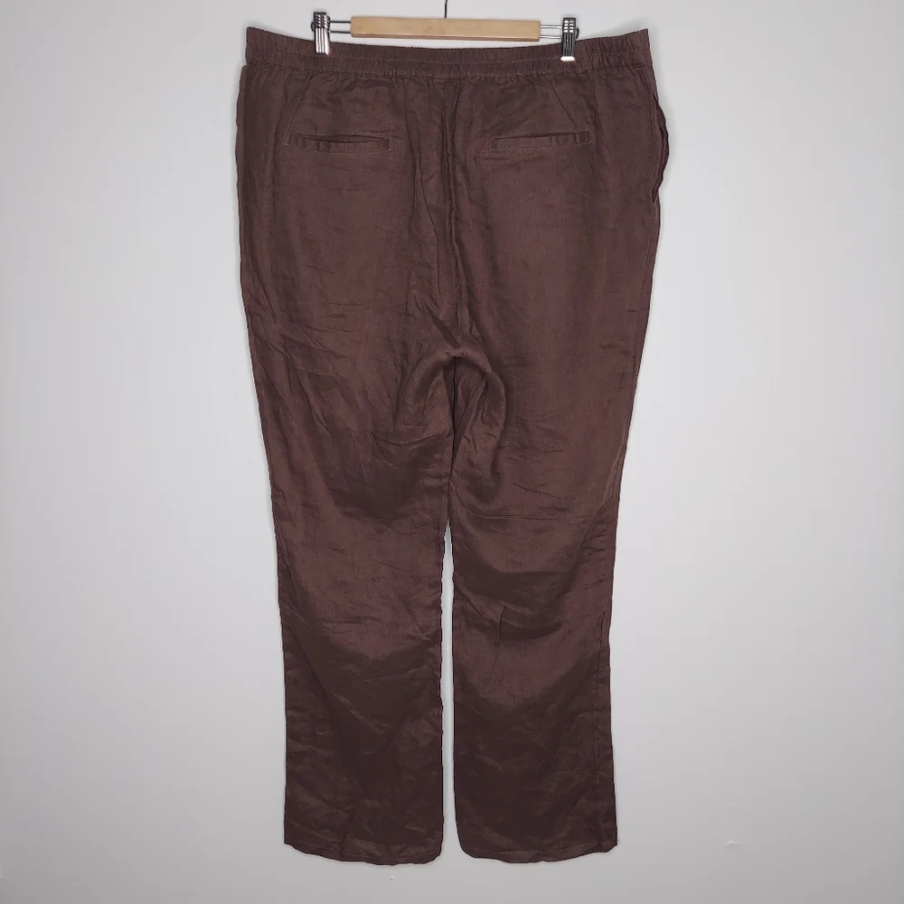 Mariyaab Linen Pants Straight Drawstring Tie Pocket Button Zip Cocoa Brown 42 - Picture 2 of 7
